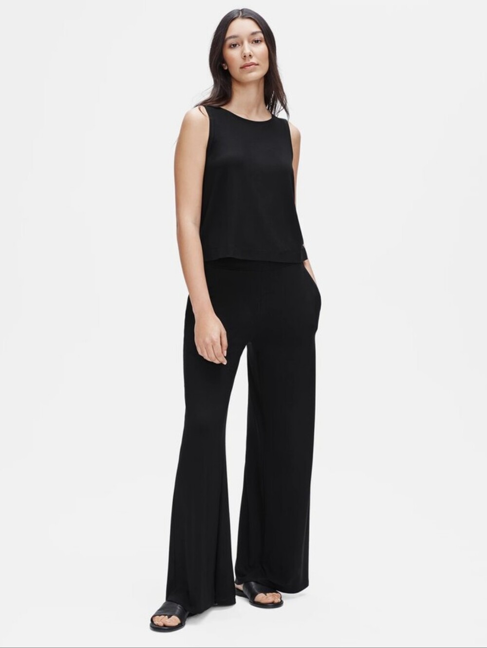 Eileen Fisher Viscose Jersey Wide Leg Pants S Black Minimalist Quiet Luxury
